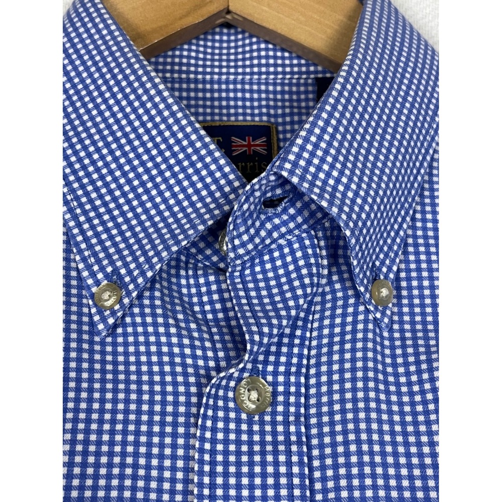 T Harris London Men Blue White Gingham Cotton Button Down Shirt Large L Long Slv